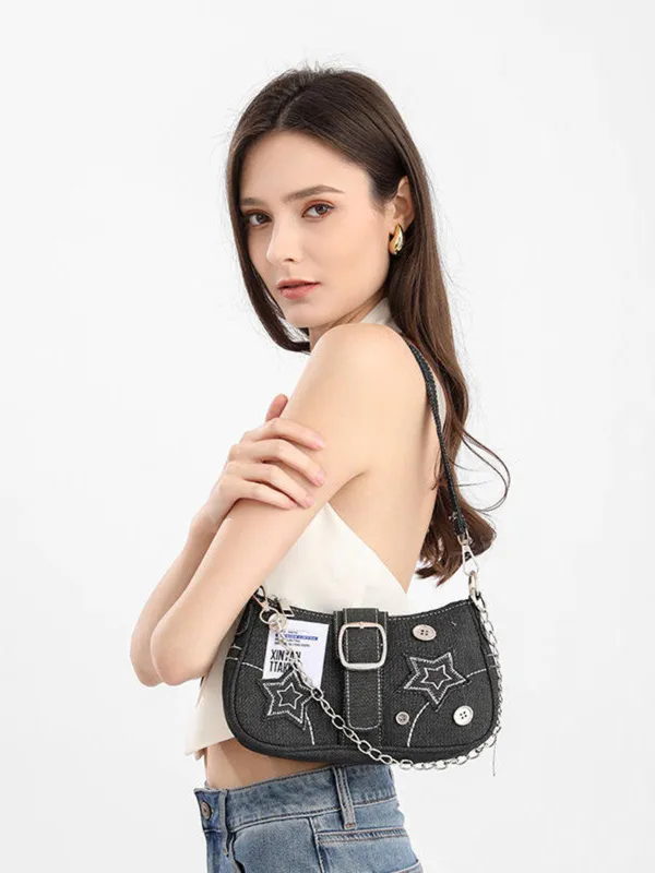 Black_Denim_Star_Charm_Shoulder_Sling_Bag_–_Dual_Strap,_Silver_Chain_Accent