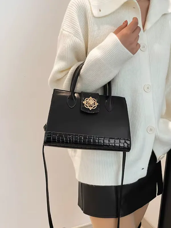 Black_Elegant_Croc-Texture_Handheld_Sling_Bag