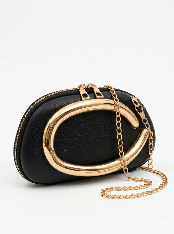 Black_Elegant_Metallic_Handle_Handbag_|_Faux_Leather_Clutch_&_Crossbody_Bag
