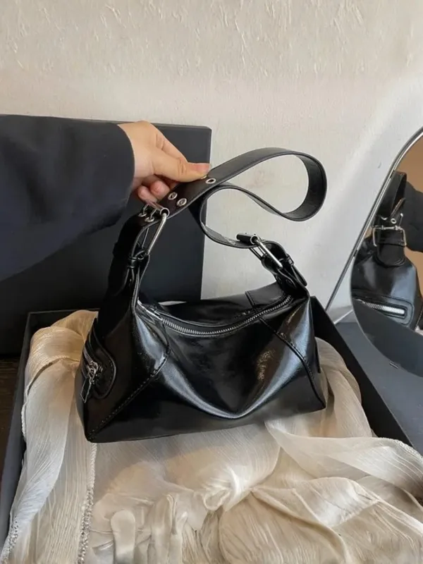 Italish Black Glossy Leather Shoulder Bag | Y2K Hobo Bag | Shiny