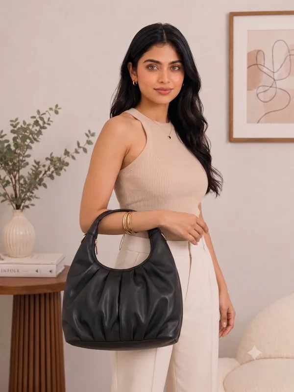 Black_Lightweight_Leather_Pleated_Hobo_Shoulder_Bag