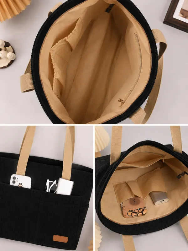 Black_Premium_Corduroy_Tote_Bag_Lightweight_Shoulder_Bag_&_Multi-Pocket_Tote_Bag