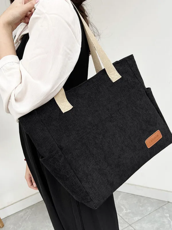 Black_Premium_Corduroy_Tote_Bag_Lightweight_Shoulder_Bag_&_Multi-Pocket_Tote_Bag