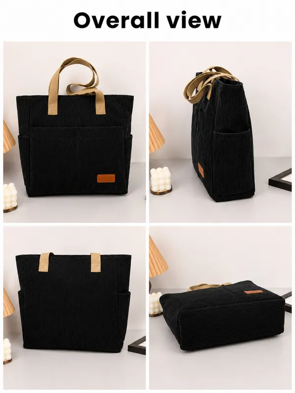 Black_Premium_Corduroy_Tote_Bag_Lightweight_Shoulder_Bag_&_Multi-Pocket_Tote_Bag