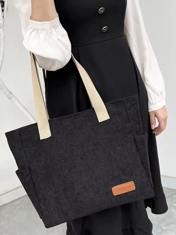 Black_Premium_Corduroy_Tote_Bag_Lightweight_Shoulder_Bag_&_Multi-Pocket_Tote_Bag