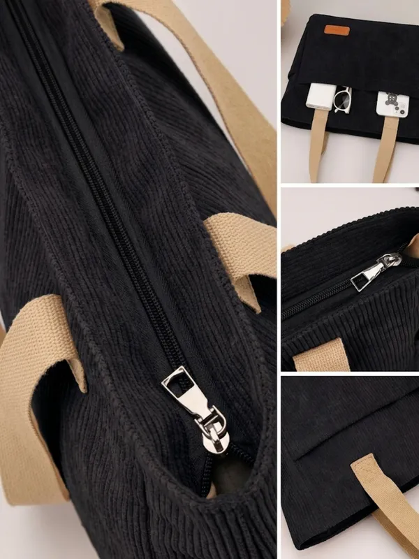 Black_Premium_Corduroy_Tote_Bag_Lightweight_Shoulder_Bag_&_Multi-Pocket_Tote_Bag