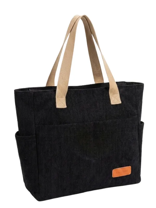 Black_Premium_Corduroy_Tote_Bag_Lightweight_Shoulder_Bag_&_Multi-Pocket_Tote_Bag