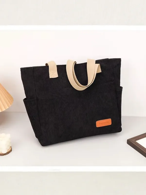 Black_Premium_Corduroy_Tote_Bag_Lightweight_Shoulder_Bag_&_Multi-Pocket_Tote_Bag