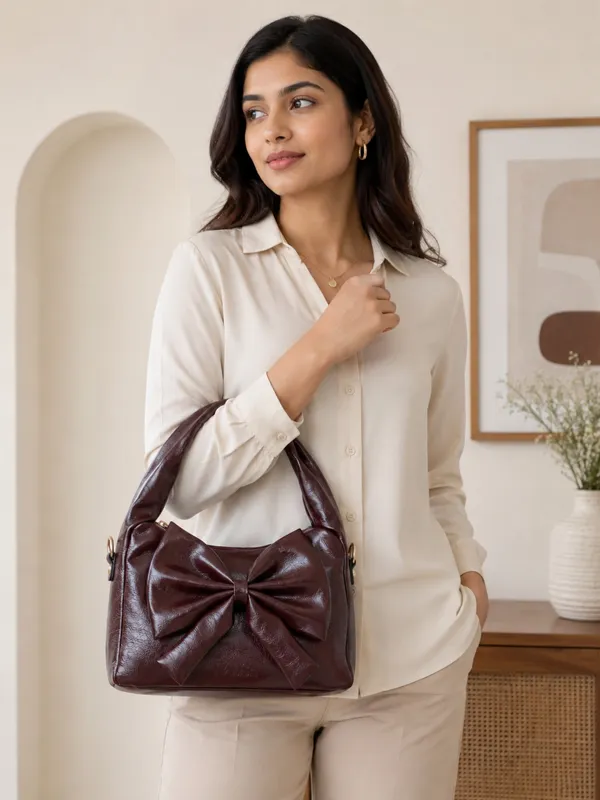 Bow_Handbag_Coffee_PU_Leather_Shoulder_Bag