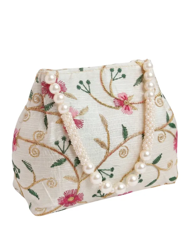 Elegant_Floral_embroidery_bag_&_Ethnic_clutch_with_Pearl_Beaded_Handle