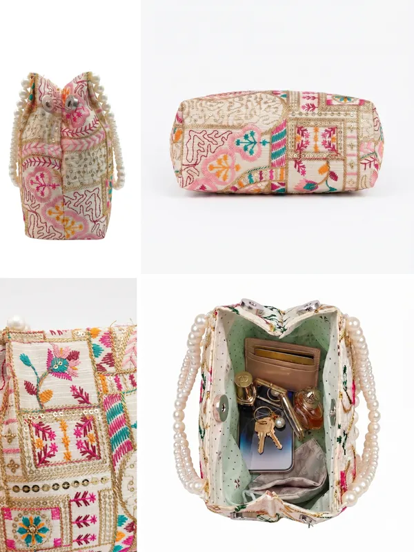 Elegant_Floral_embroidery_bag_&_Ethnic_clutch_with_Pearl_Beaded_Handle