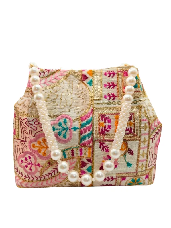 Elegant_Floral_embroidery_bag_&_Ethnic_clutch_with_Pearl_Beaded_Handle