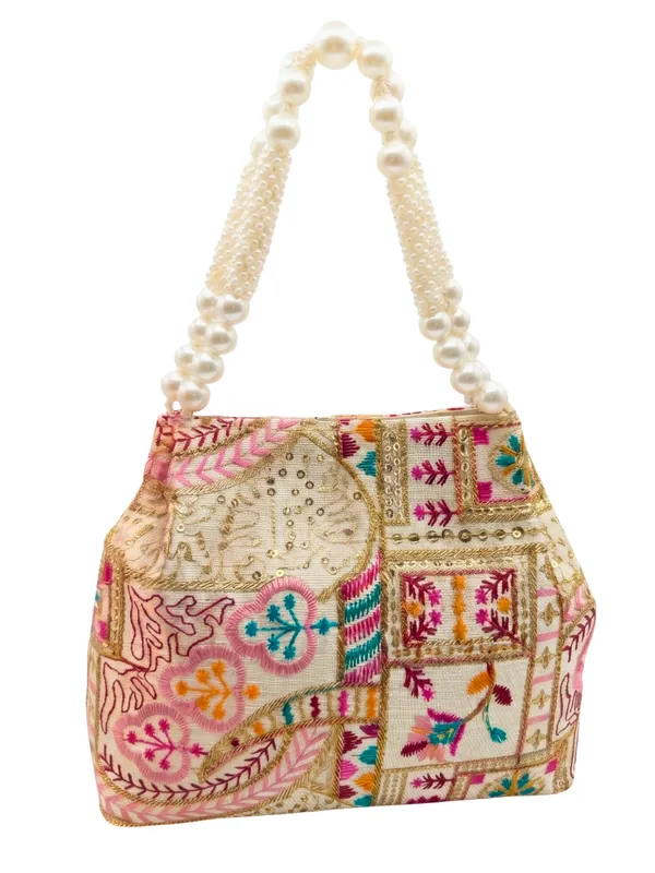 Elegant_Floral_embroidery_bag_&_Ethnic_clutch_with_Pearl_Beaded_Handle
