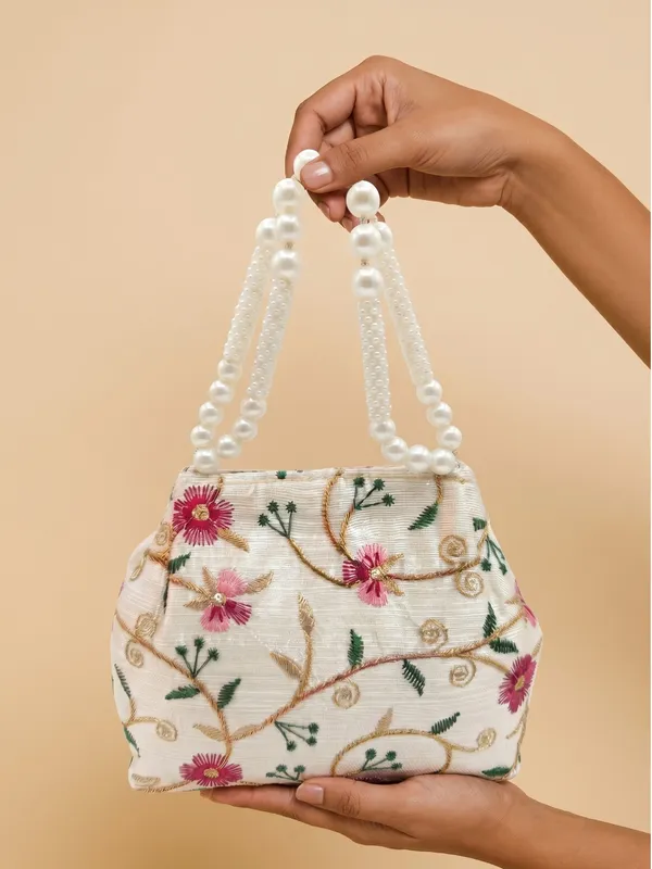 Elegant_Floral_embroidery_bag_&_Ethnic_clutch_with_Pearl_Beaded_Handle