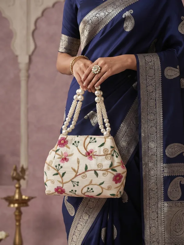 Elegant_Floral_embroidery_bag_&_Ethnic_clutch_with_Pearl_Beaded_Handle