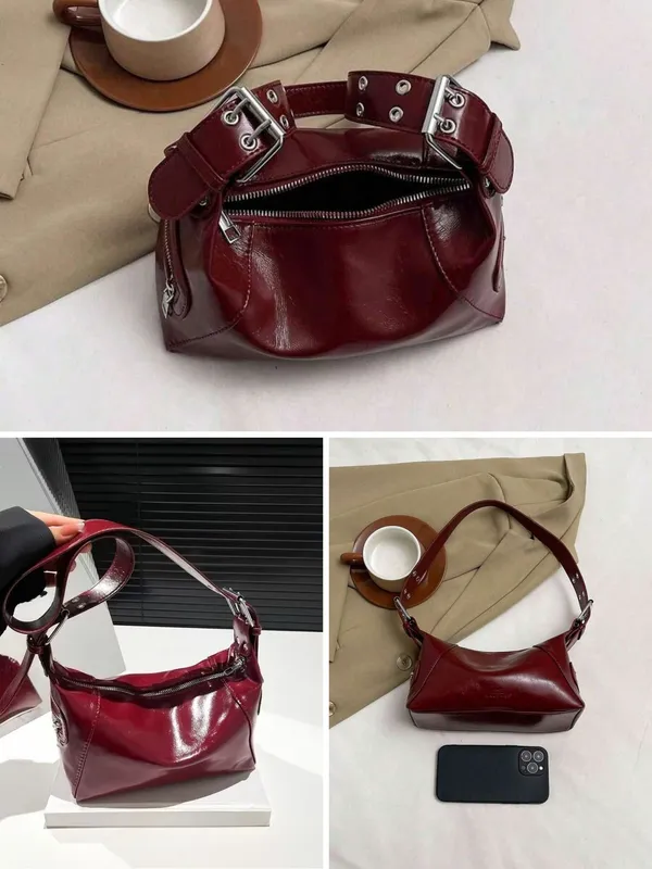 Maroon_Glossy_Leather_Shoulder_Bag_|_Y2K_Hobo_Bag_|_Shiny_Leather_Handbag