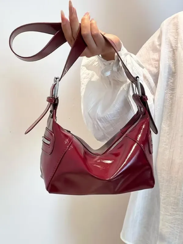 Maroon_Glossy_Leather_Shoulder_Bag_|_Y2K_Hobo_Bag_|_Shiny_Leather_Handbag