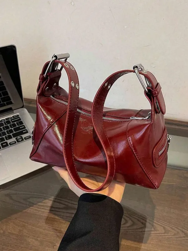 Maroon_Glossy_Leather_Shoulder_Bag_|_Y2K_Hobo_Bag_|_Shiny_Leather_Handbag
