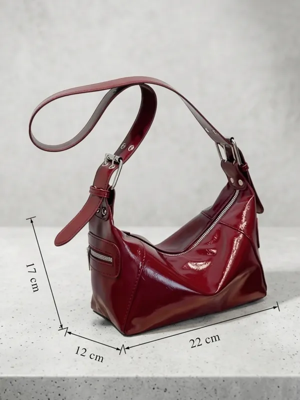 Maroon_Glossy_Leather_Shoulder_Bag_|_Y2K_Hobo_Bag_|_Shiny_Leather_Handbag