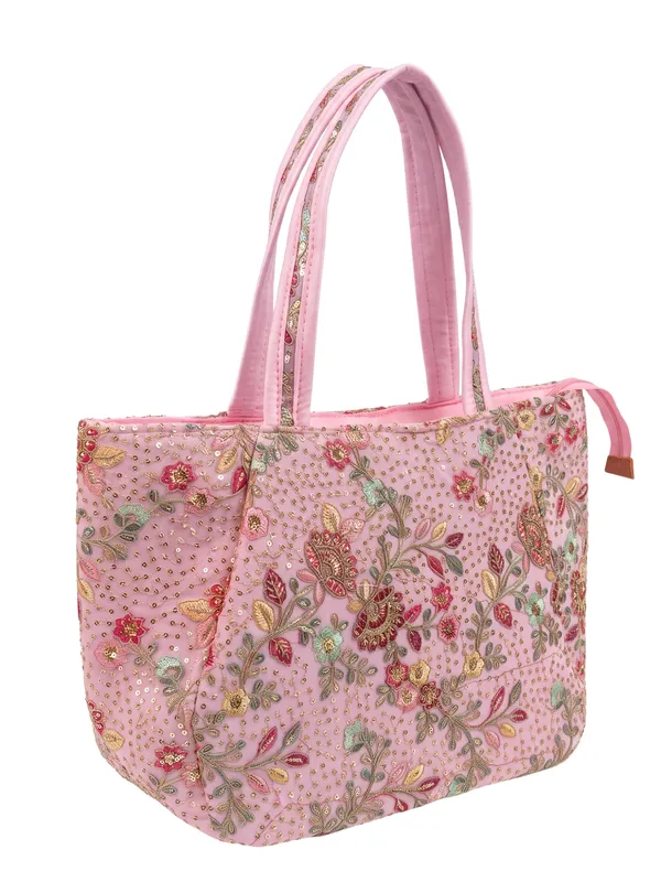 Pink_Embroidered_Fabric_Tote_Bag_Lightweight_Shoulder_Bag
