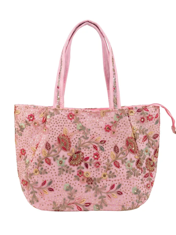Pink_Embroidered_Fabric_Tote_Bag_Lightweight_Shoulder_Bag