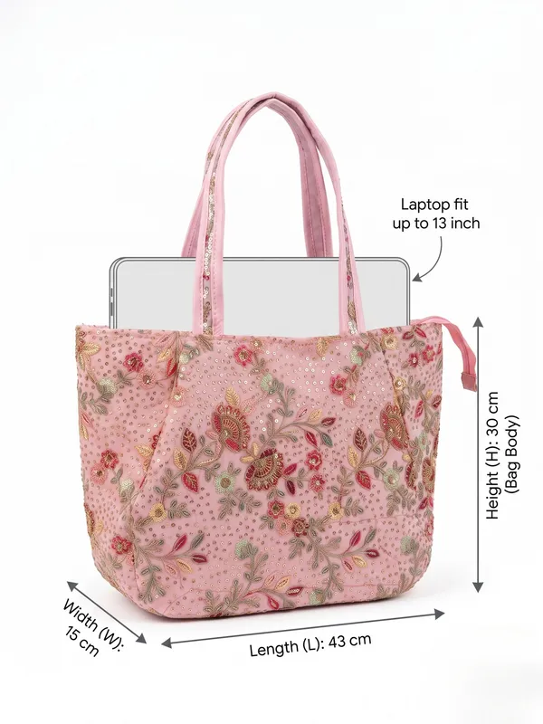 Pink_Embroidered_Fabric_Tote_Bag_Lightweight_Shoulder_Bag