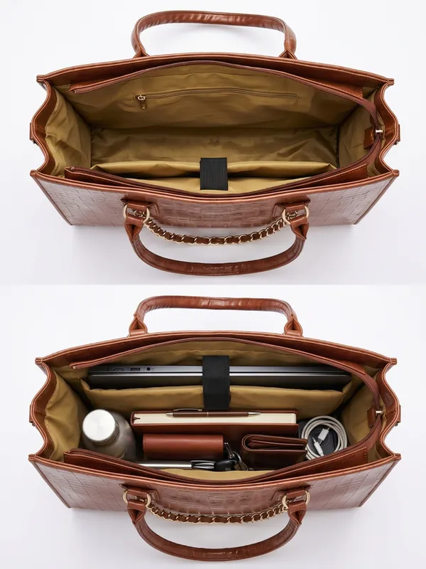 Tan_Structured_Leather_Croc_Pattern_Laptop_Tote