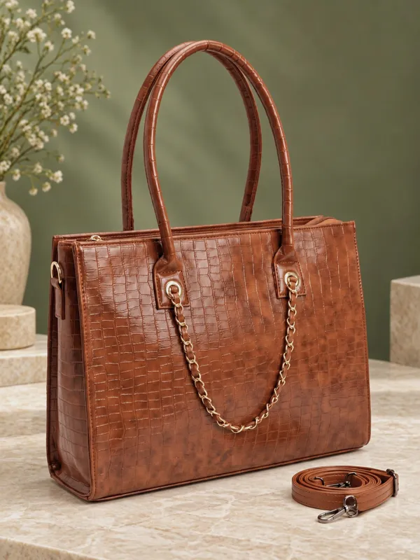 Tan_Structured_Leather_Croc_Pattern_Laptop_Tote
