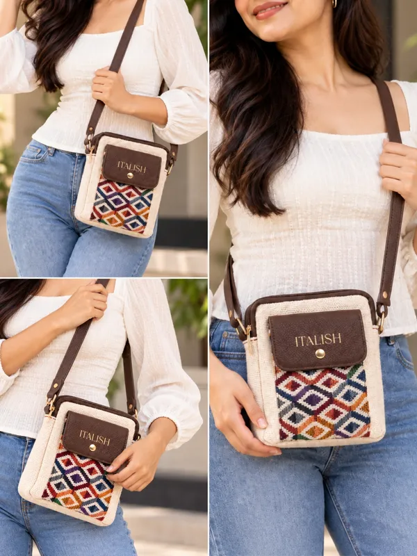 White_Compact_Crossbody_Bag_|_Textured_Jute_Sling_Bag_with_Geometric_Print