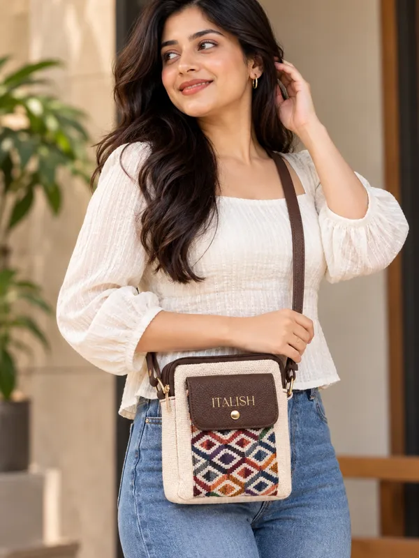 White_Compact_Crossbody_Bag_|_Textured_Jute_Sling_Bag_with_Geometric_Print
