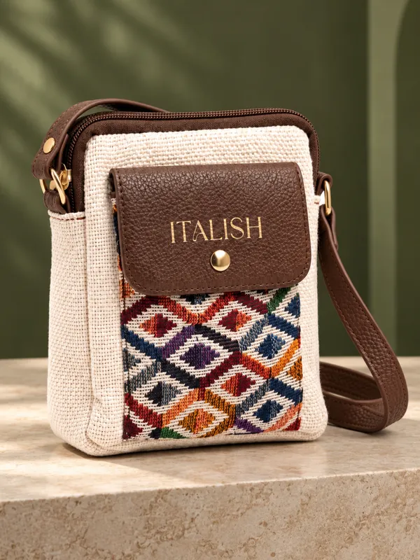 White_Compact_Crossbody_Bag_|_Textured_Jute_Sling_Bag_with_Geometric_Print