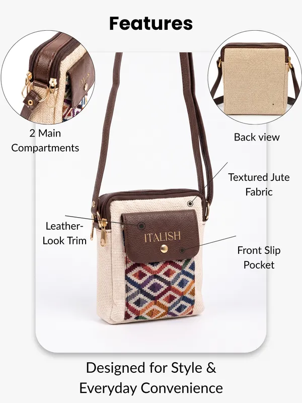 White_Compact_Crossbody_Bag_|_Textured_Jute_Sling_Bag_with_Geometric_Print