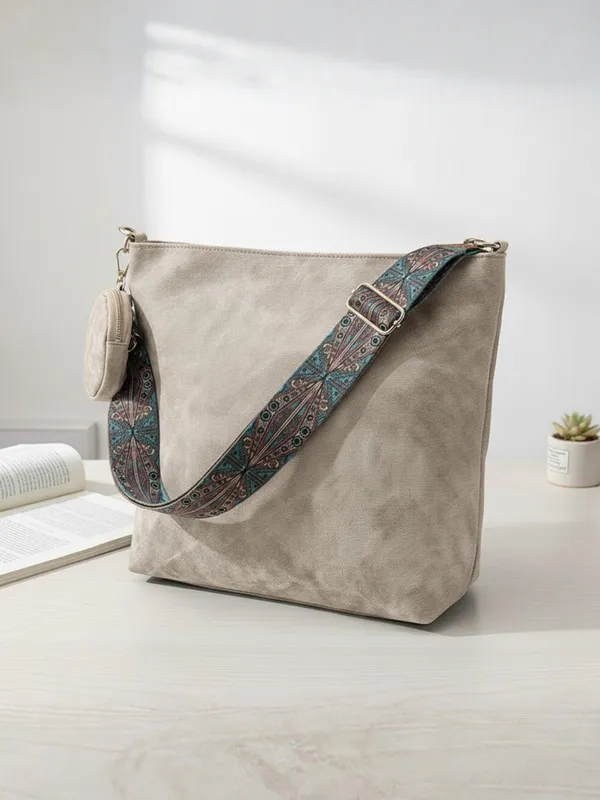White_Denim_Shoulder_Bag_with_Boho_Strap_&_Mini_Pouch_Lightweight_Daily_Tote