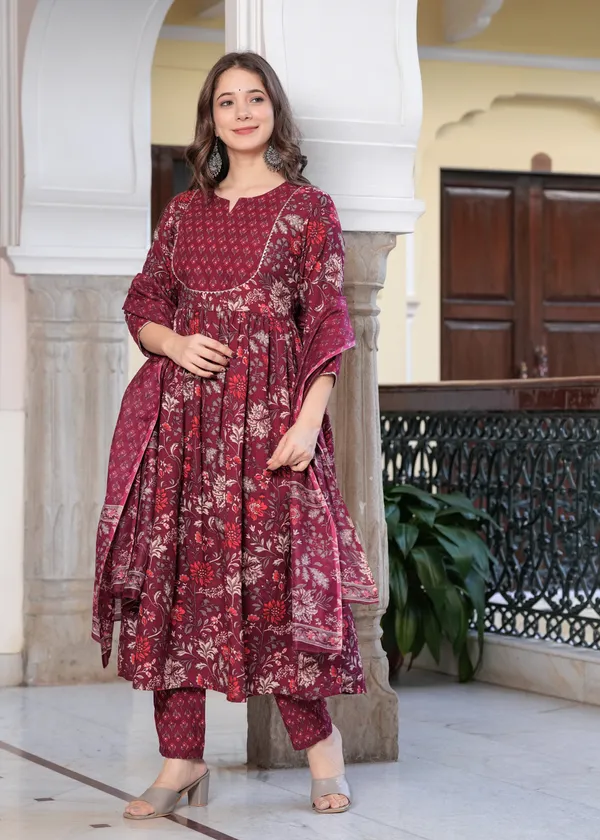 Wine_Anarkali_Kurta_Set_For_Women_With_Dupatta