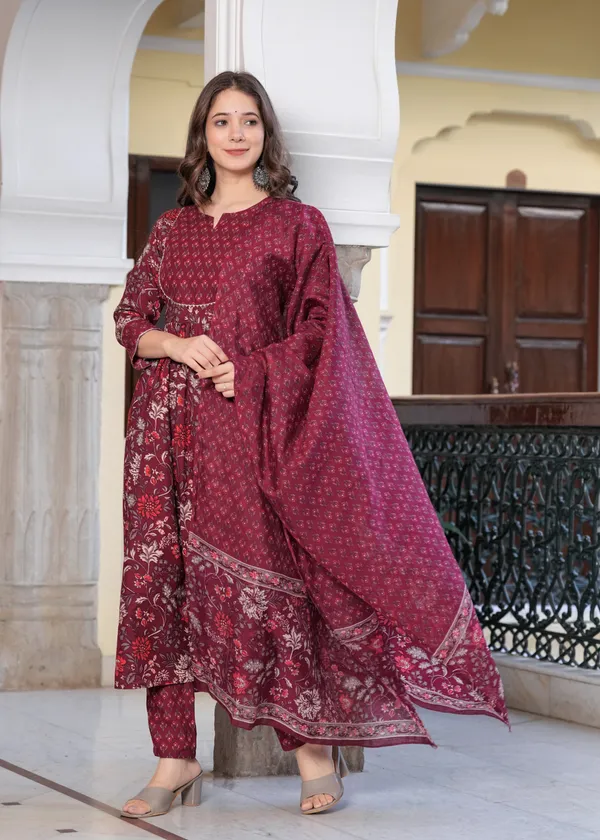 Wine_Anarkali_Kurta_Set_For_Women_With_Dupatta
