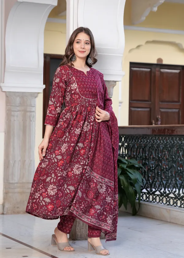 Wine_Anarkali_Kurta_Set_For_Women_With_Dupatta
