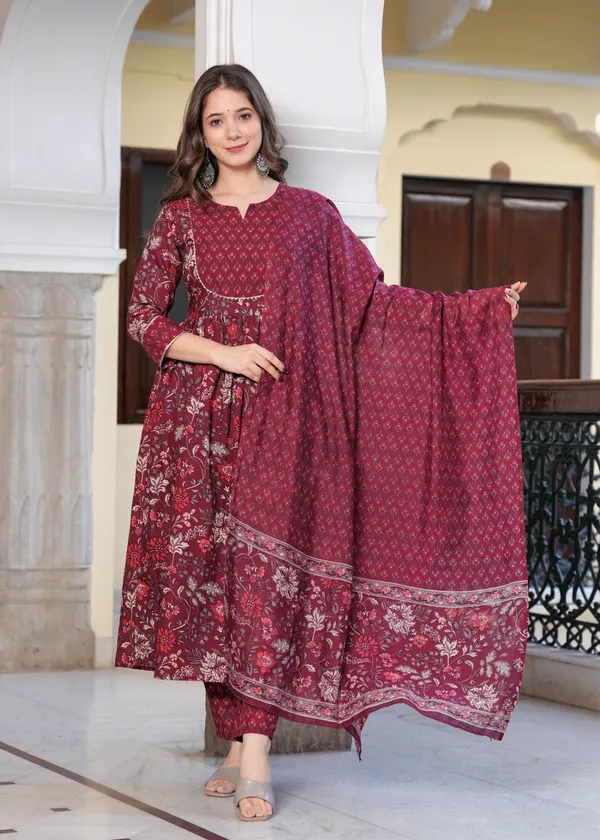 Wine_Anarkali_Kurta_Set_For_Women_With_Dupatta