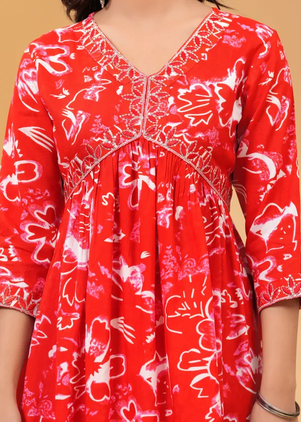 Red_Viscose_Rayon_Printed_A-Line_Kurti_For_Women