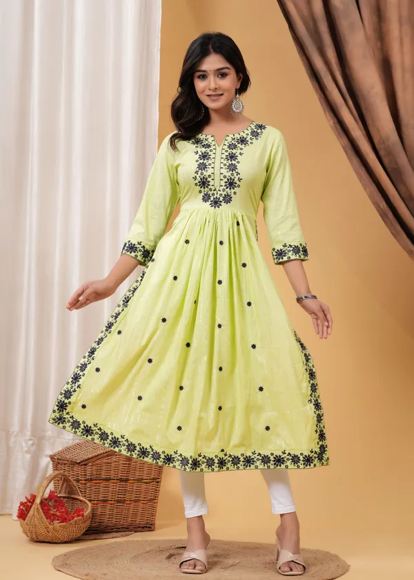 Yellow_Viscose_Rayon_Embroidered_Flared_Kurti_For_Women