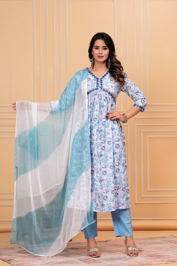 White_Pure_Cotton_Floral_Print_Kurti_Set_For_Women