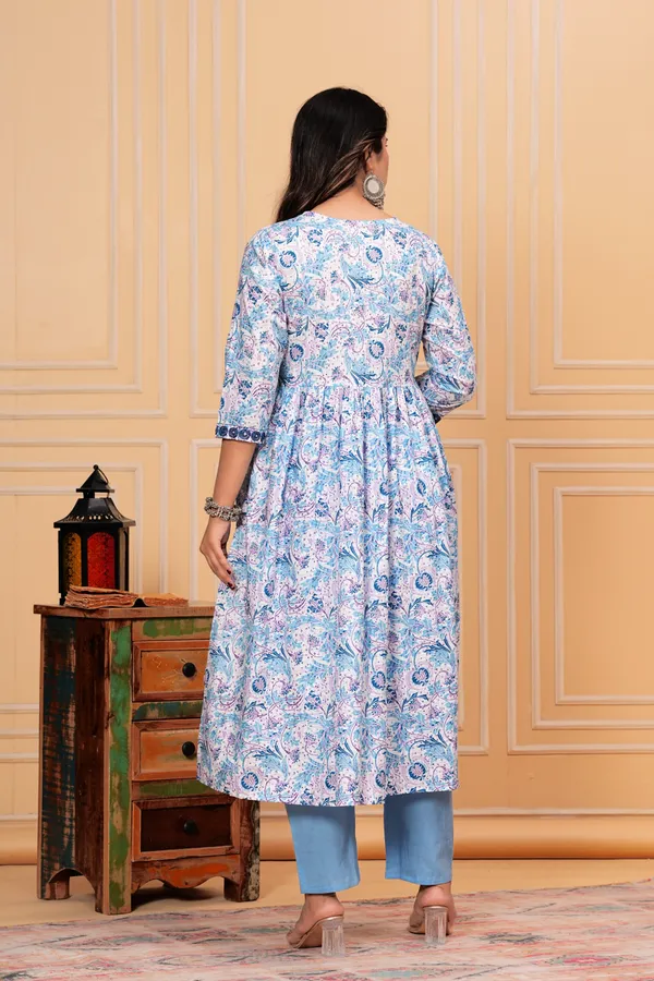 White_Pure_Cotton_Floral_Print_Kurti_Set_For_Women