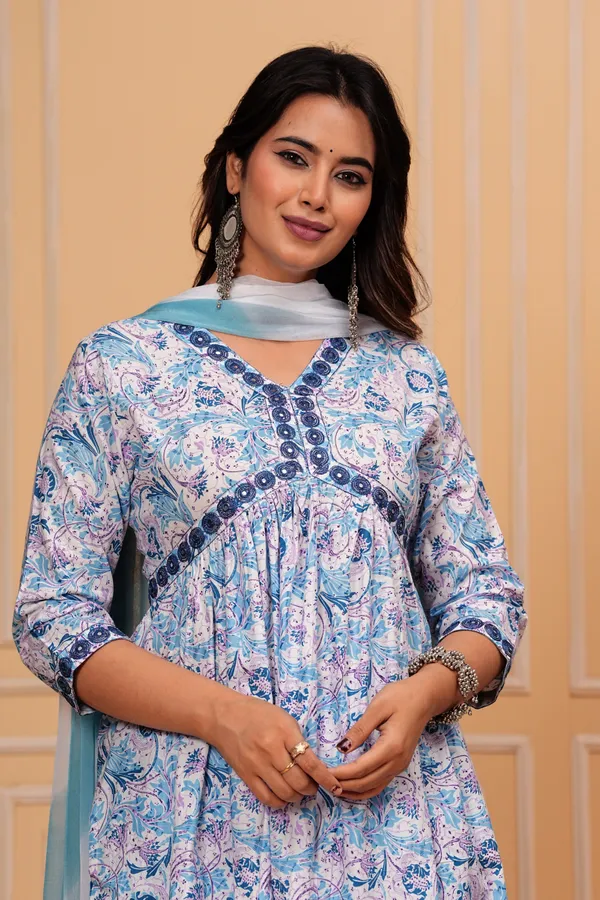 White_Pure_Cotton_Floral_Print_Kurti_Set_For_Women