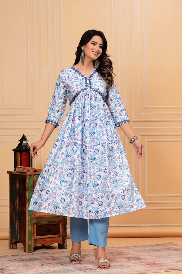 White_Pure_Cotton_Floral_Print_Kurti_Set_For_Women