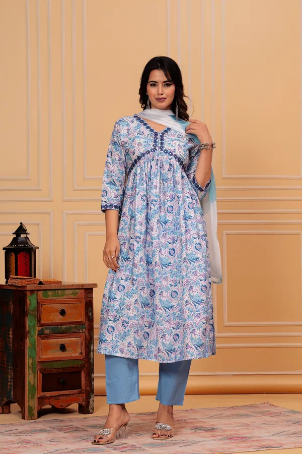 White_Pure_Cotton_Floral_Print_Kurti_Set_For_Women