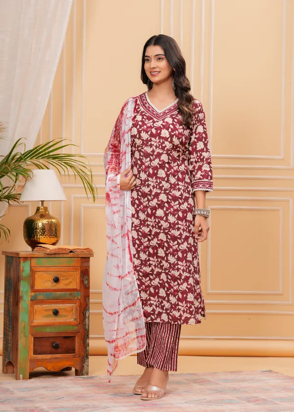 Maroon_Cotton_Floral_Printed_Kurti_Set_With_Dupatta_For_Women