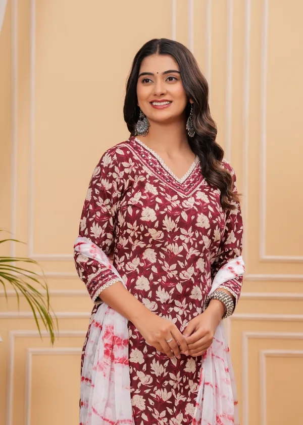 Maroon_Cotton_Floral_Printed_Kurti_Set_With_Dupatta_For_Women