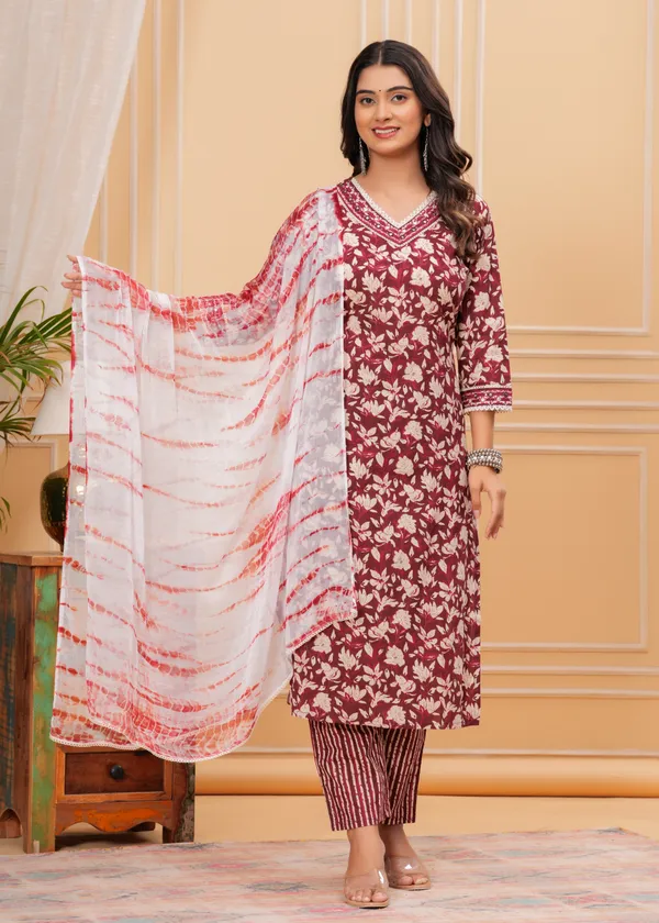 Maroon_Cotton_Floral_Printed_Kurti_Set_With_Dupatta_For_Women