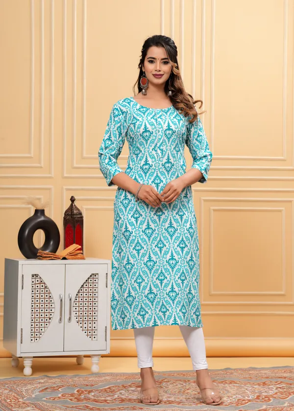 Blue_Rayon_Printed_Straight_Kurti_For_Women