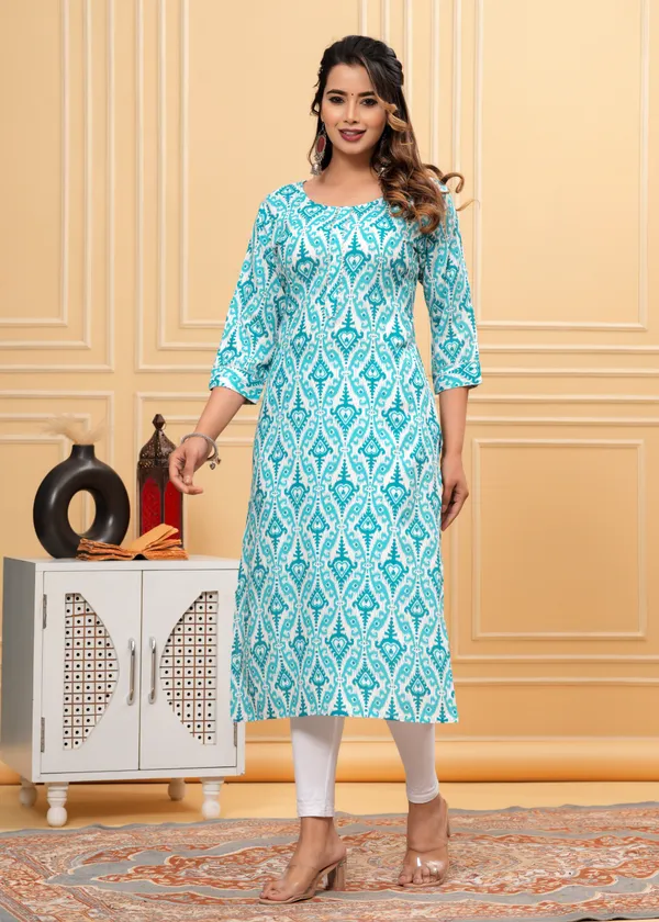 Blue_Rayon_Printed_Straight_Kurti_For_Women