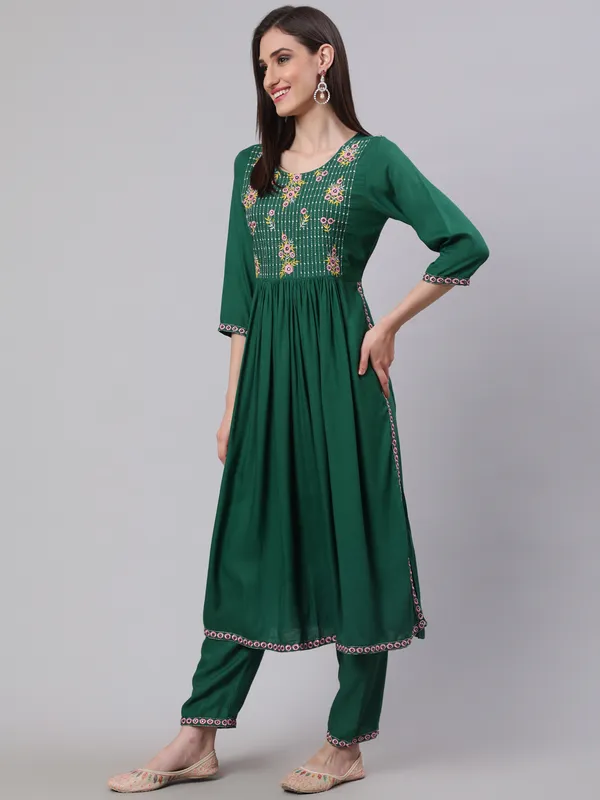 Dark_Green_Nayra_Cut_Rayon_Embroidery_Kurti_Set_For_Women